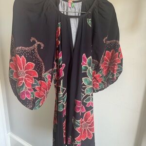 FARM Rio Black Dress with Red and Green Floral Design